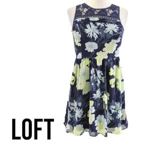 Ann Taylor Loft Blue Yellow - Green Floral Lace Fit and Flare Dress Size 6P